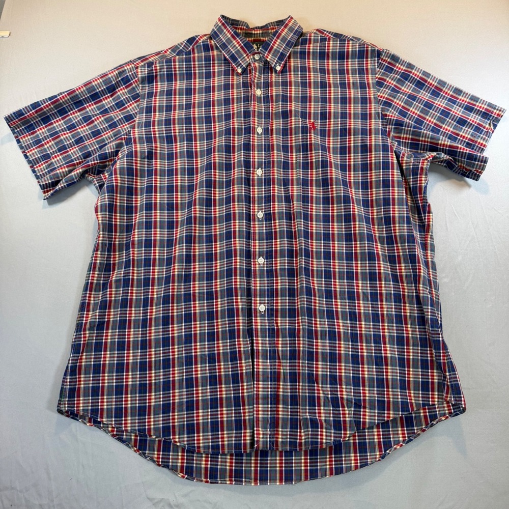 Polo Ralph Lauren Mens XXL Custom Fit Plaid Short Sleeve Button Down Shirt Blue
